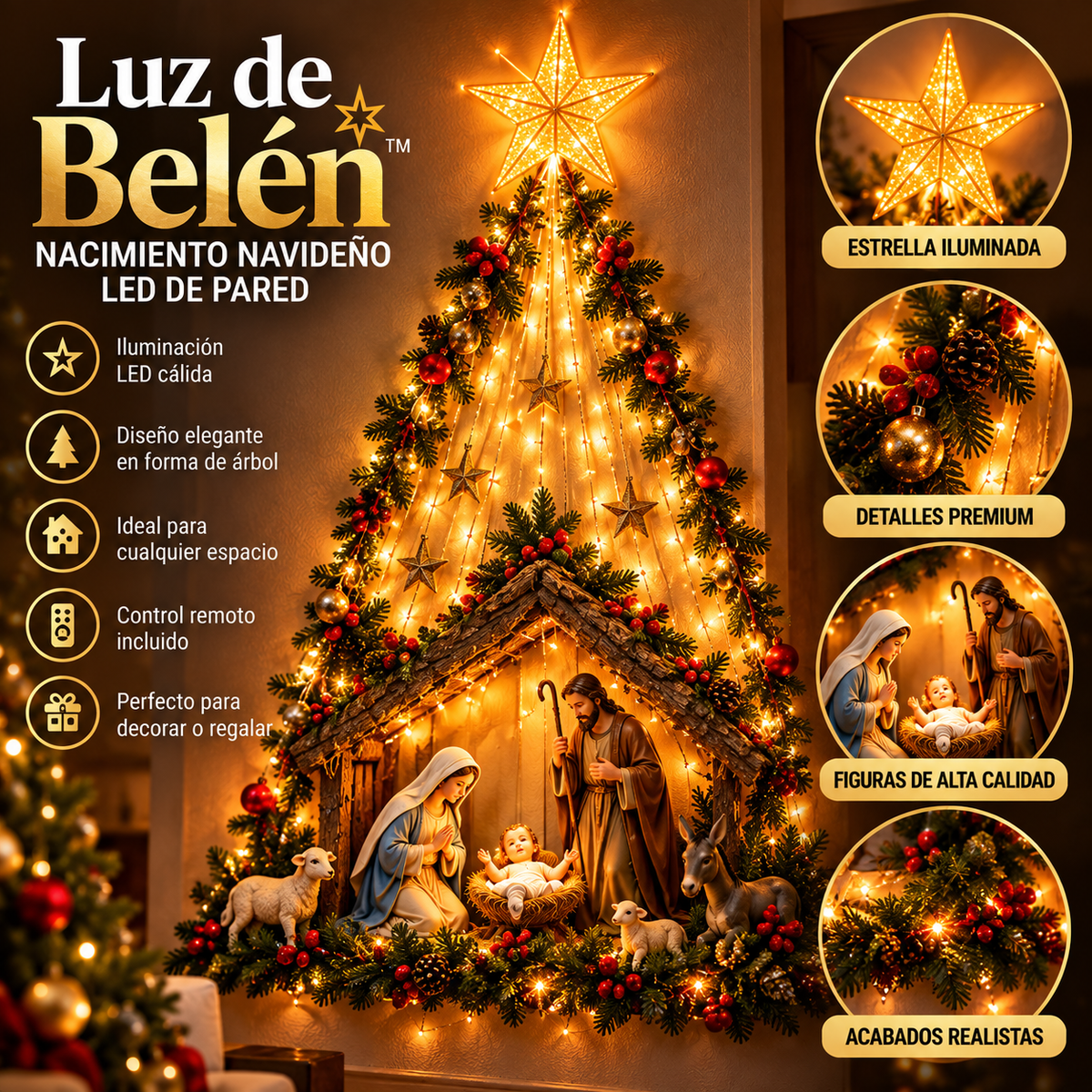 Luz de Belén™ – Nacimiento Navideño LED de Pared con Estrella y Pesebre